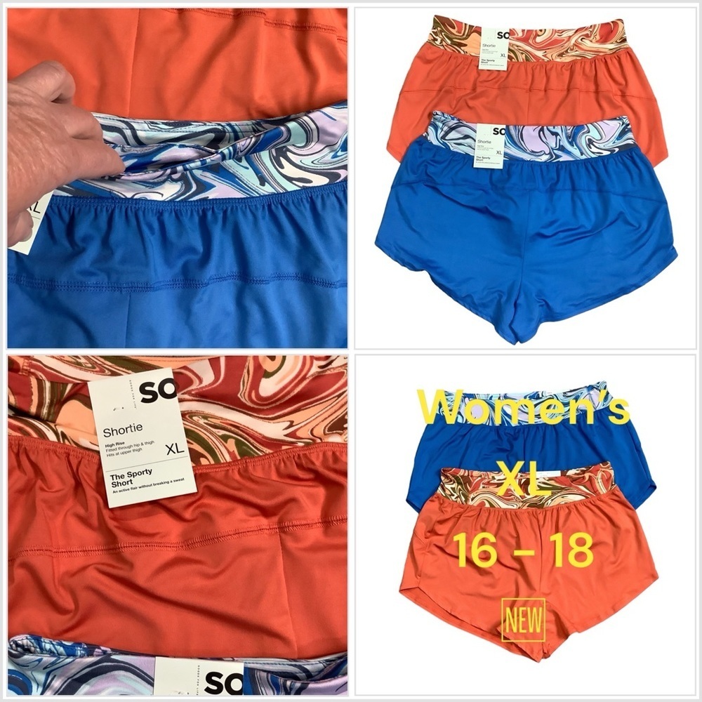 2 Pairs Women’s SO XL 1X 16 - 18 Shorts Sporty Blue Orange Activewear Athletic